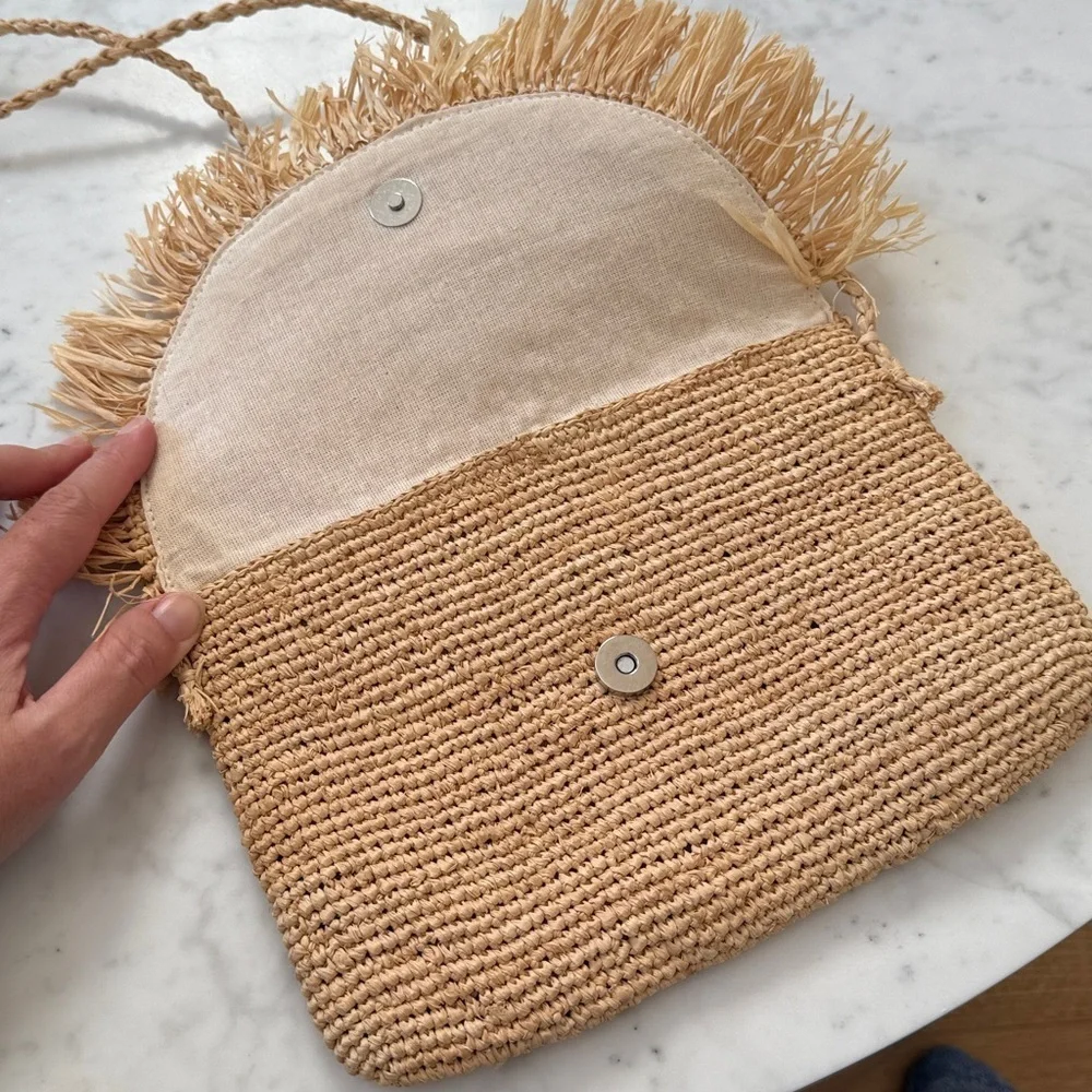 Mar Y Sol Raffia Crossbody Bag Tan Woven Fringe Straw Boho Beach